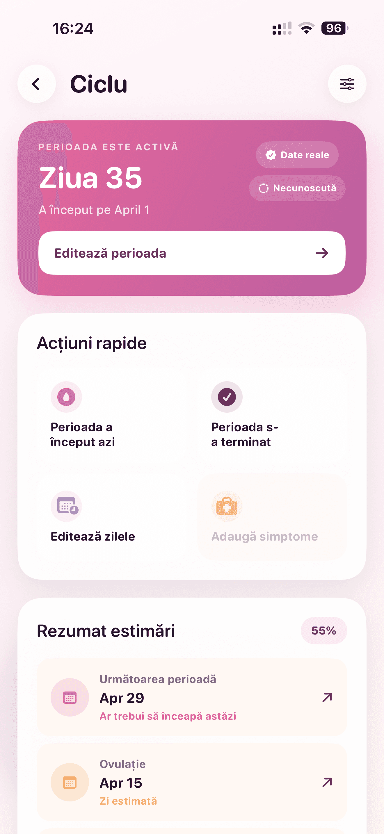 Ecranul de ciclu menstrual al aplicației FitFemme