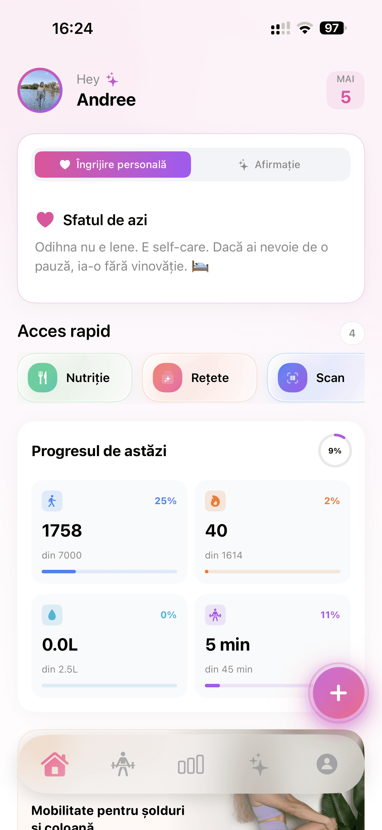 Ecranul principal al aplicației FitFemme