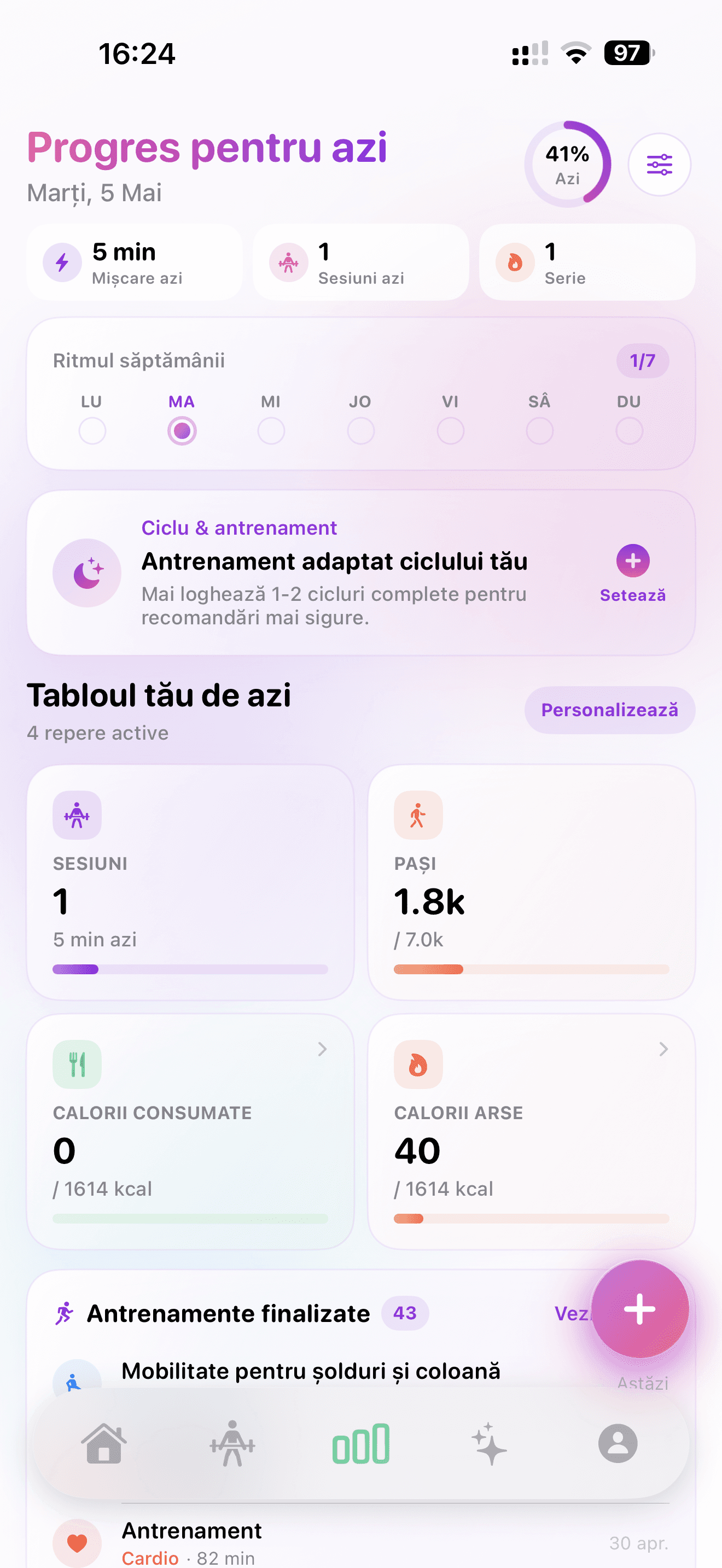 Ecranul de progres al aplicației FitFemme